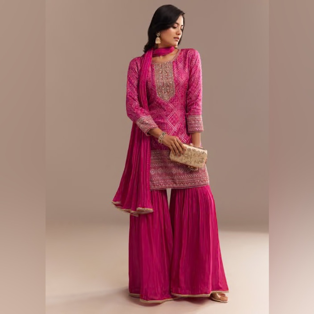 Kalki Fashion Pink Bandhani Zardosi Sharara Set